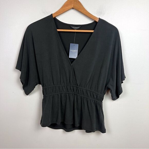 Lucky Brand Black V-Neck Peplum Cinch Waist Blouse Top NWT - Picture 2 of 7